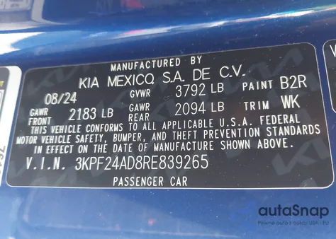 2024 Kia Forte Lxs from USA, damaged, VIN 3KPF24AD8RE839265
